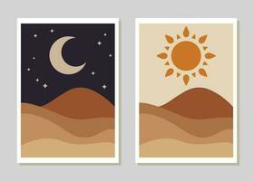 zon en maan landschap muur decoratie reeks van abstract vector Boheems woestijn stijl poster minimalistische ontwerp achtergrond Hoes behang afdrukken