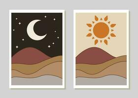 zon en maan landschap muur decoratie afdrukbare behang reeks van abstract vector Boheems woestijn stijl poster minimalistische ontwerp