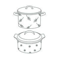 borden. een reeks van keuken pot met een deksel en een bloemen ornament. lijn kunst. vector