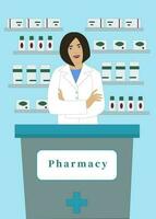vrouw apotheker in een wit medisch jas. apotheek en geneesmiddelen, ontvangst. vector afbeelding. geneeskunde en artsen. mensen en Gezondheid