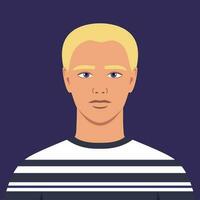 jong Mens met kort blond haar- in een gestreept trui. portret van een abstract jongen. vol gezicht abstract mannetje avatar in vlak stijl vector