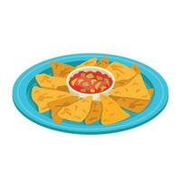 nacho's. maïs tortilla chips met divers additieven en saus. tussendoortje. vector grafisch.