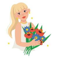 mooi vrouw houdt een boeket van bloemen in haar handen. blond met pony. vector grafisch.
