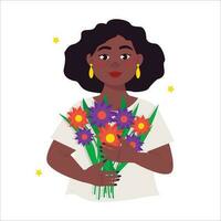 mooi zwart rondborstig vrouw houdt een boeket van bloemen in haar handen. brunette met weelderig haar. vector grafisch.