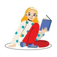 tekenfilm meisje leest boek. schattig blond. vector grafisch.