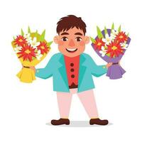 Mens in een jasje Holding twee mooi boeketten van bloemen. vector grafisch.