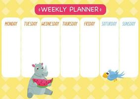 kinderachtig schattig week planner. horizontaal. met schattig neushoorn, watermeloen en vogel. vector grafisch.