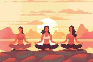 drie meisjes aan het doen in een zonsopkomst illustratie, Internationale yoga dag, yoga dag banier vector