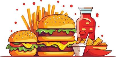 heerlijk snel voedsel tussendoortje met hamburger, cokes en vers groenten Aan een wit achtergrond illustratie, hamburger, cokes, heet en pittig Frans Patat illustratie vector