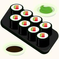 vlak ontwerp illustratie van Californisch sushi rollen Aan een zwart bord. perfect gebruik voor restaurant menu vector