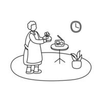 oudere vrouw die taart kookt in lijnstijl voor thuisactiviteiten home vector