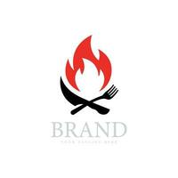 vork, mes, brand vector logo ontwerp sjabloon. pittig maaltijden en barbecue partij logo concept.