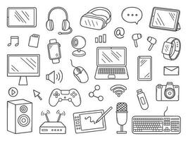 gadgets tekening set. toetsenbord, koptelefoon, computer muis, horloge, computer in schetsen stijl. hand- getrokken vector illustratie geïsoleerd Aan wit achtergrond