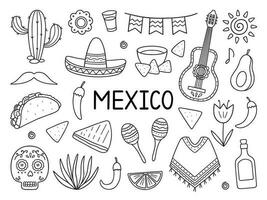 Mexico tekening set. elementen van Mexicaans cultuur. maracas, poncho, cactus, taco, burrito in schetsen stijl. hand- getrokken vector illustratie geïsoleerd Aan wit achtergrond