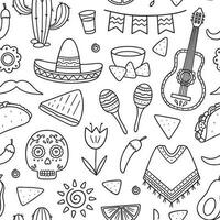 naadloos patroon van Mexico tekening. elementen van Mexicaans cultuur. maracas, poncho, cactus, taco, burrito in schetsen stijl. hand- getrokken vector illustratie