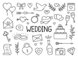 bruiloft tekening set. huwelijk symbolen. ringen, duif, Champagne, harten in schetsen stijl. hand- getrokken vector illustratie geïsoleerd Aan wit achtergrond