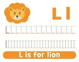 traceren alfabet brief l met schattig leeuw. werkblad voor kinderen. vector