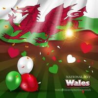 Wales nationaal dag groet banier met golvend nationaal vlag achtergrond vector