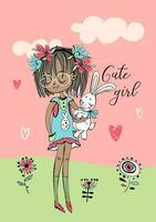 schattig meisje met een konijn. vector illustratie.