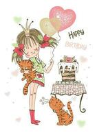 verjaardagskaart met schattig meisje met cake en ballonnen. vector. vector