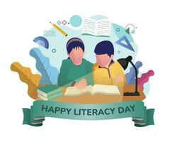 mensen vieren Internationale geletterdheid dag en gelukkig leerling dag door werken Aan computers en lezing boeken vector