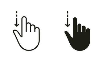 slepen omlaag, hand- vinger vegen lijn en silhouet zwart icoon set. snuifje scherm, draaien tintje scherm pictogram. gebaar glijbaan naar beneden symbool verzameling Aan wit achtergrond. geïsoleerd vector illustratie.