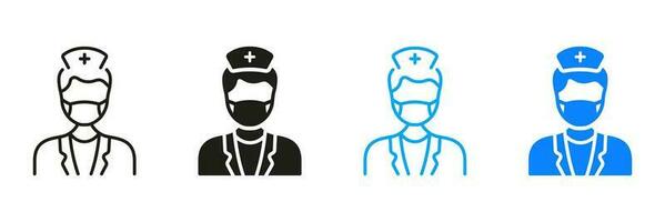 tandheelkundig chirurg teken. tandarts Mens pictogram verzameling. arts specialist, orthodontist, endodontist symbool. dokter in gezicht masker silhouet en lijn icoon set. geïsoleerd vector illustratie.