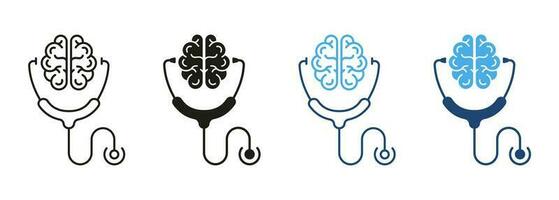 mentaal Gezondheid concept menselijk hersenen en stethoscoop lijn en silhouet kleur icoon set. psychologie, neurologie wetenschap. Gezondheid zorg symbool verzameling Aan wit achtergrond. geïsoleerd vector illustratie.