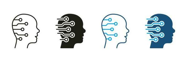 digitaal technologie en kunstmatig intelligentie- pictogram. tech wetenschap innovatie zwart en kleur symbool verzameling. menselijk hoofd met stroomkring silhouet en lijn icoon set. geïsoleerd vector illustratie.