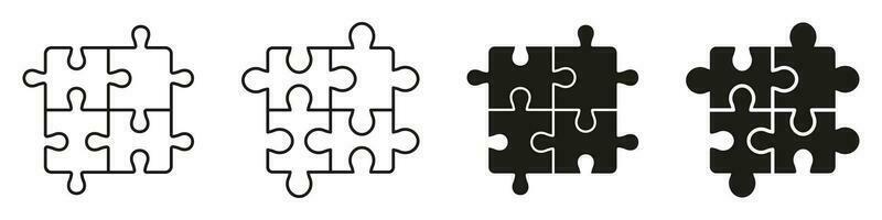 teamwerk, idee, logica spel, combinatie oplossing symbolen. plein decoupeerzaag onderdelen fit lijn solide pictogram set. puzzel stukken bij elkaar passen icoon verzameling. geïsoleerd vector illustratie.