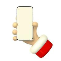 tekenfilm karakter hand- met slim telefoon, scrollen of zoeken voor iets. 3d geven de kerstman hand. vector illustratie