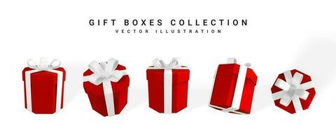 3d realistisch geschenk dozen met boog. rood papier doos met wit lint en schaduw geïsoleerd Aan wit achtergrond. vector illustratie