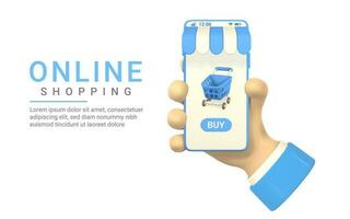 winkel in mobiele telefoon, online boodschappen doen concept. karakter hand- met slim telefoon. 3d mobiele telefoon met blauw boodschappen doen kar. online op te slaan. vector illustratie