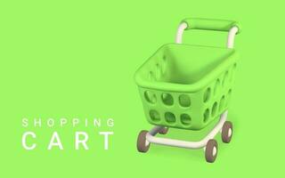 3d leeg groen boodschappen doen kar Aan een groen achtergrond. boodschappen doen concept. vector illustratie