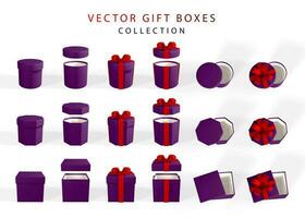 3d geven realistisch reeks van geschenk dozen met rood boog. papier doos met rood lint en schaduw geïsoleerd Aan wit achtergrond. vector illustratie
