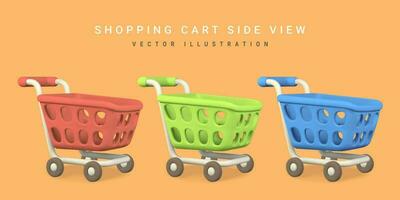 3d leeg rood, groen en blauw boodschappen doen karren. boodschappen doen concept. vector illustratie