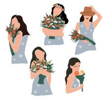 abstract hedendaags Dames in zomer jurken met boeketten van bloemen. mooi silhouetten van meisjes. vector grafiek.