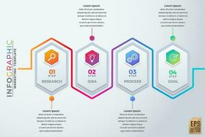 infographic bedrijf ontwerp zeshoek pictogrammen kleurrijk afzet sjabloon vector. 4 opties of stappen in minimaal stijl. u kan gebruikt voor afzet werkwijze, workflow presentaties lay-out, stromen grafiek. vector