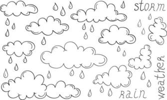 regen pictogrammen - wolken en druppels in de tekening vector reeks