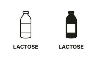 lactose in zuivel lijn en silhouet icoon set. natuurlijk melk in fles zwart pictogram. allergeen vrij, onverdraagzaamheid lactose symbool verzameling Aan wit achtergrond. geïsoleerd vector illustratie.