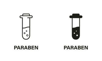 parabenen vrij met test buis silhouet en lijn icoon set. parabenen in voedsel zwart symbool. veiligheid eco biologisch kunstmatig bio Product. chemisch conserveermiddel hou op teken. Nee plastic. vector illustratie.