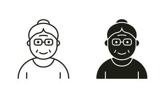 oud vrouw, senior persoon silhouet en lijn icoon zwart set. gelukkig ouderling dame pictogram. oud grootmoeder symbool verzameling Aan wit achtergrond. pensioen concept. geïsoleerd vector illustratie.