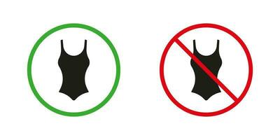 meisje zomer badmode waarschuwing solide tekens. zwemmen kleding silhouet pictogrammen set. toegestaan en verboden Dames een stuk bikini zwempak glyph pictogram. naakt strand teken. geïsoleerd vector illustratie.