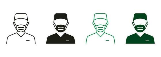 plastic chirurgie in medisch masker, ziekenhuis personeel pictogram set. chirurg Mens lijn en silhouet pictogrammen. professioneel chirurg dokter zwart en kleur symbool verzameling. geïsoleerd vector illustratie.