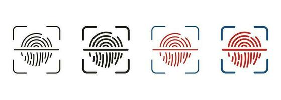 biometrisch identiteit lijn en silhouet icoon set. vinger afdrukken scanner met slot symbool verzameling. vingerafdruk identificatie teken. tintje ID kaart pictogram. geïsoleerd vector illustratie.