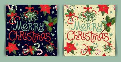 vector illustratie naadloos patroon met maretak, hulst, snoepjes en tekst - vrolijk kerstmis. illustratie voor groet kaarten en uitnodigingen.