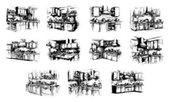 keuken reeks meubilair interieur schetsen hand- tekening stijl illustratie vector