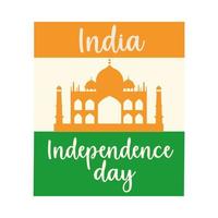 gelukkige onafhankelijkheidsdag india vlag met taj mahal monument poster platte stijlicoon vector