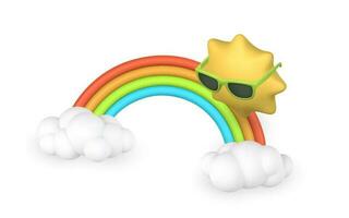 3d regenboog met wolken en zon in tekenfilm stijl. fenomeen concept. vector illustratie