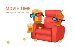 film tijd poster. banier met telefoon, emmer van popcorn, fauteuil, ticket, 3d bril en papier beker. vector illustratie